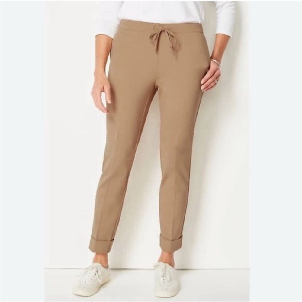 J. Jill Modern Knit Crop Pants 1X Tan Beige Cuffed Hem Pockets Pull On Stretch